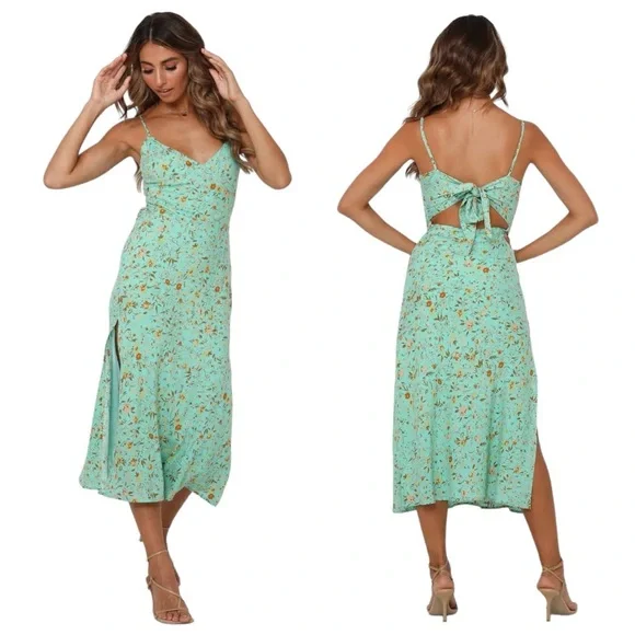 Hello Molly California Dreaming Midi Dress Green Dainty Ditzy Floral Sli… - Picture 1 of 16